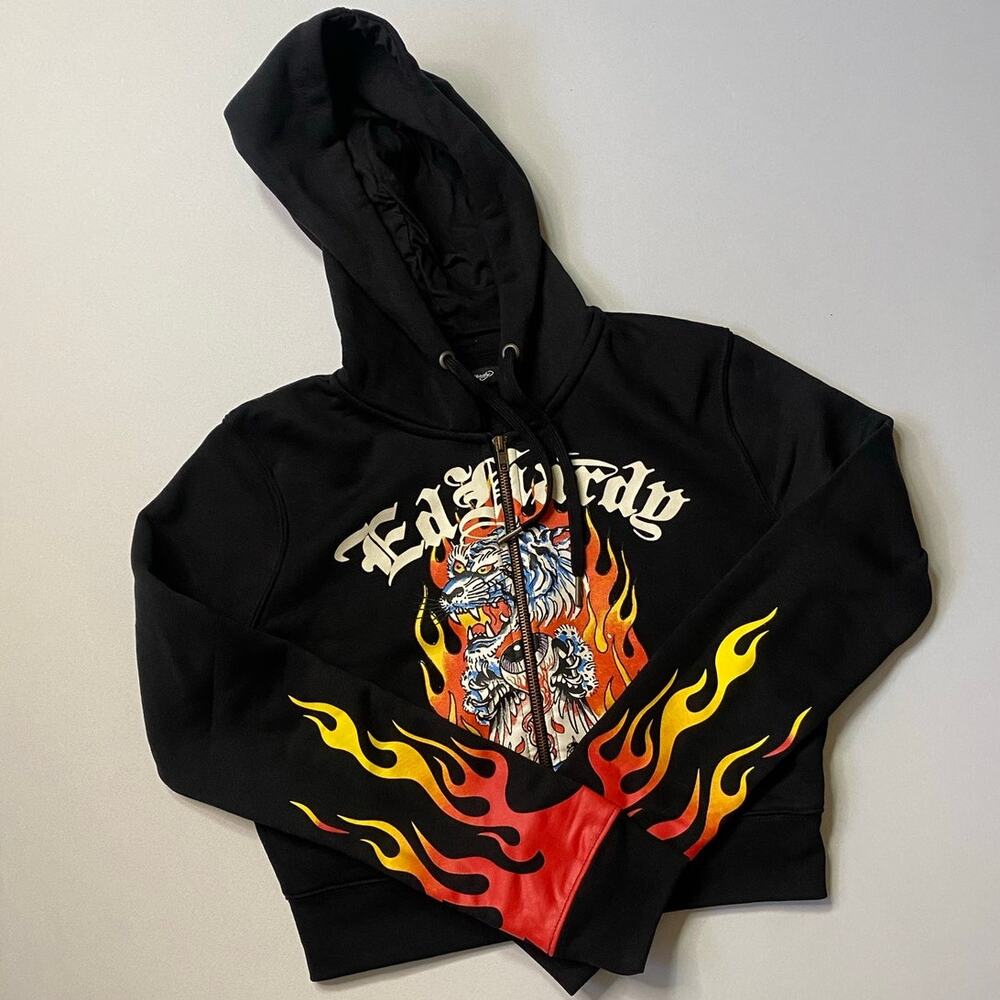 Ed Hardy Black Graphic Cropped Hoodie Size L Tiger Flame Fleece Zip Tattoo Goth